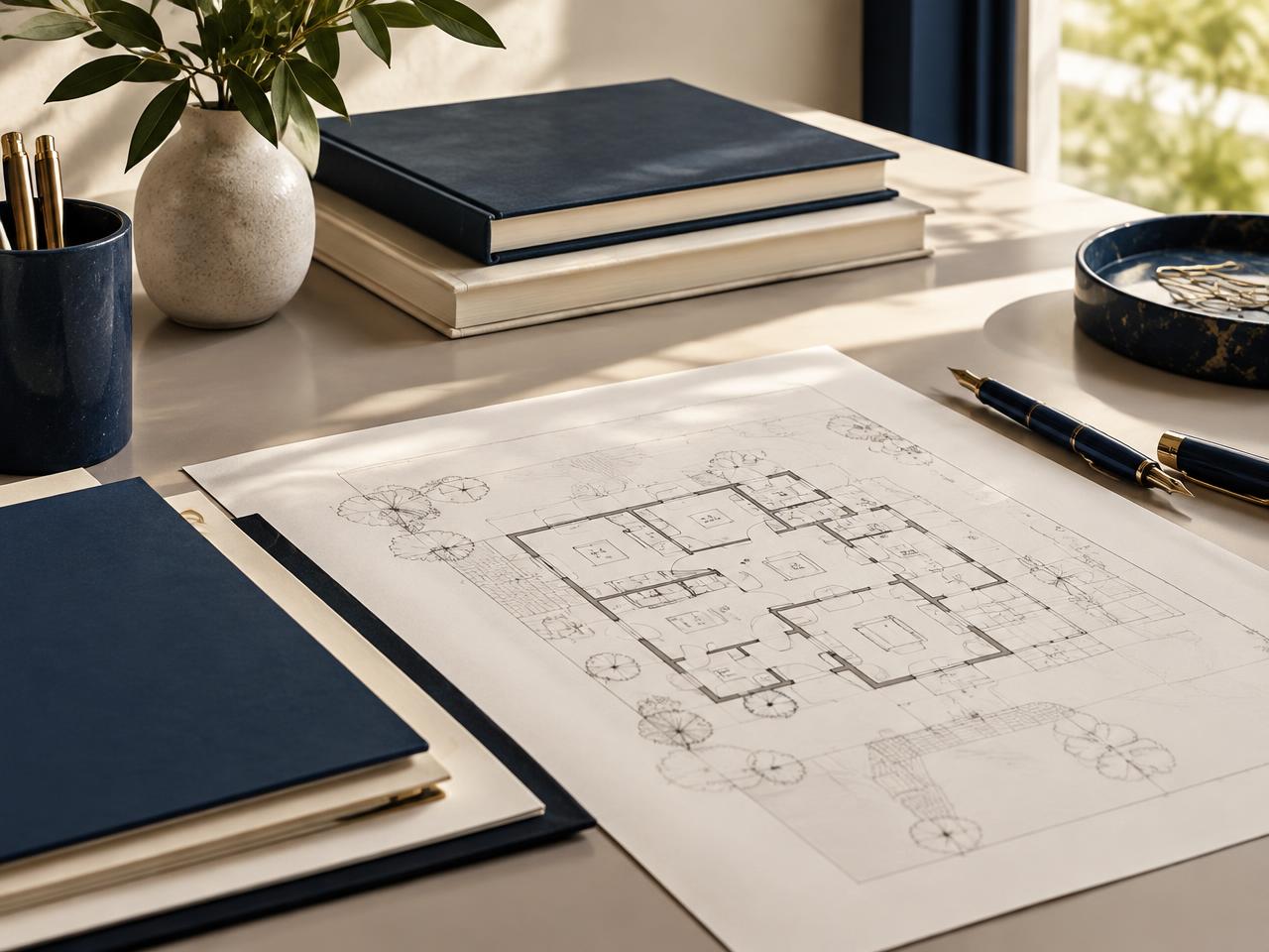 Mesa organizada com planta arquitetônica e documentos