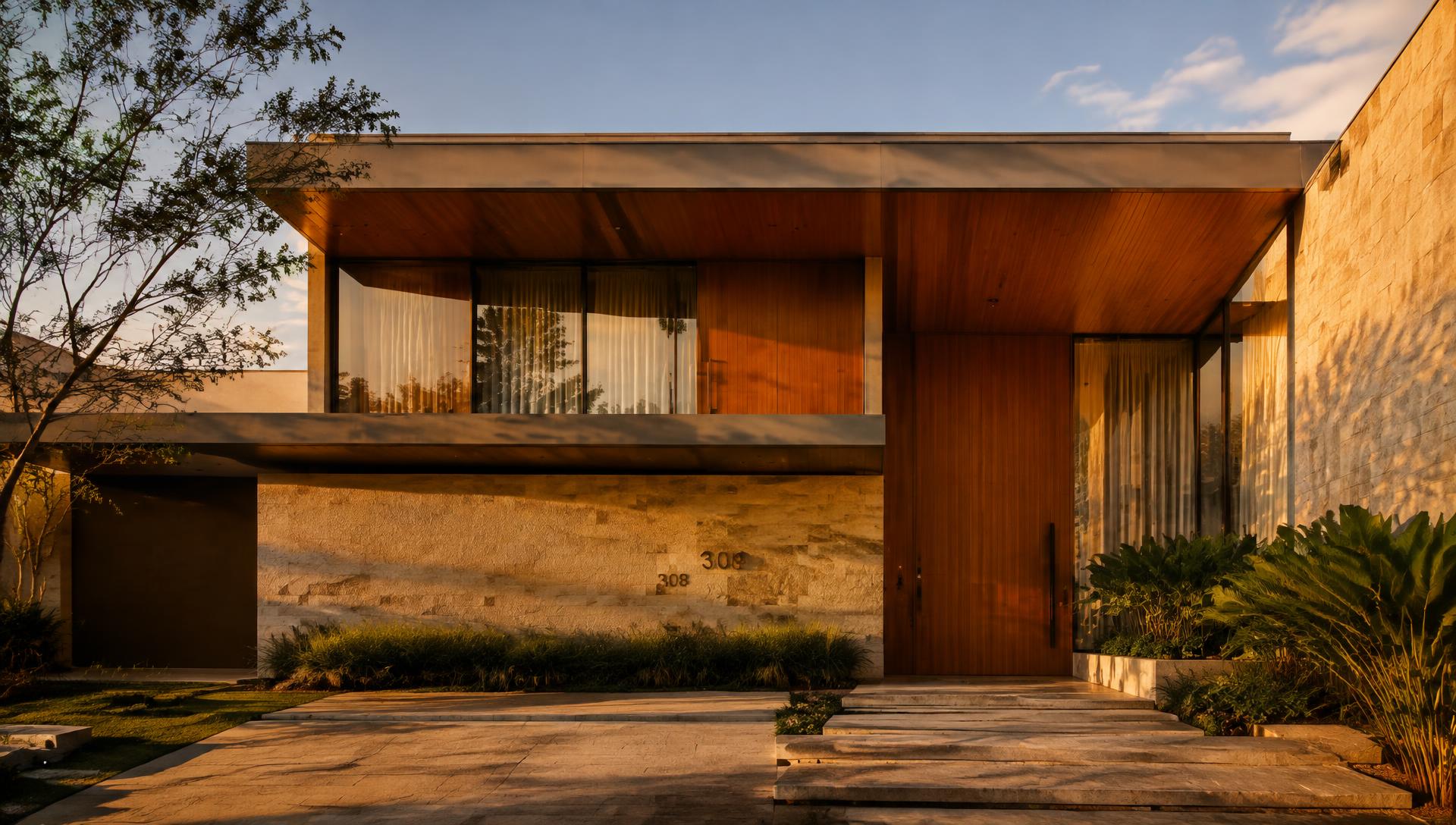 Fachada residencial contemporânea ao entardecer